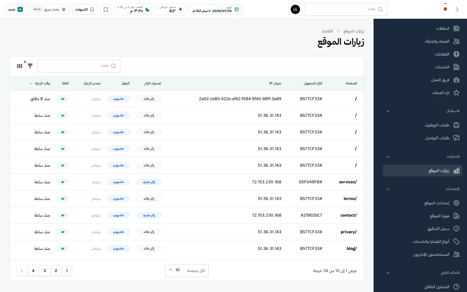 شاشة إحصاءات زيارات الموقع